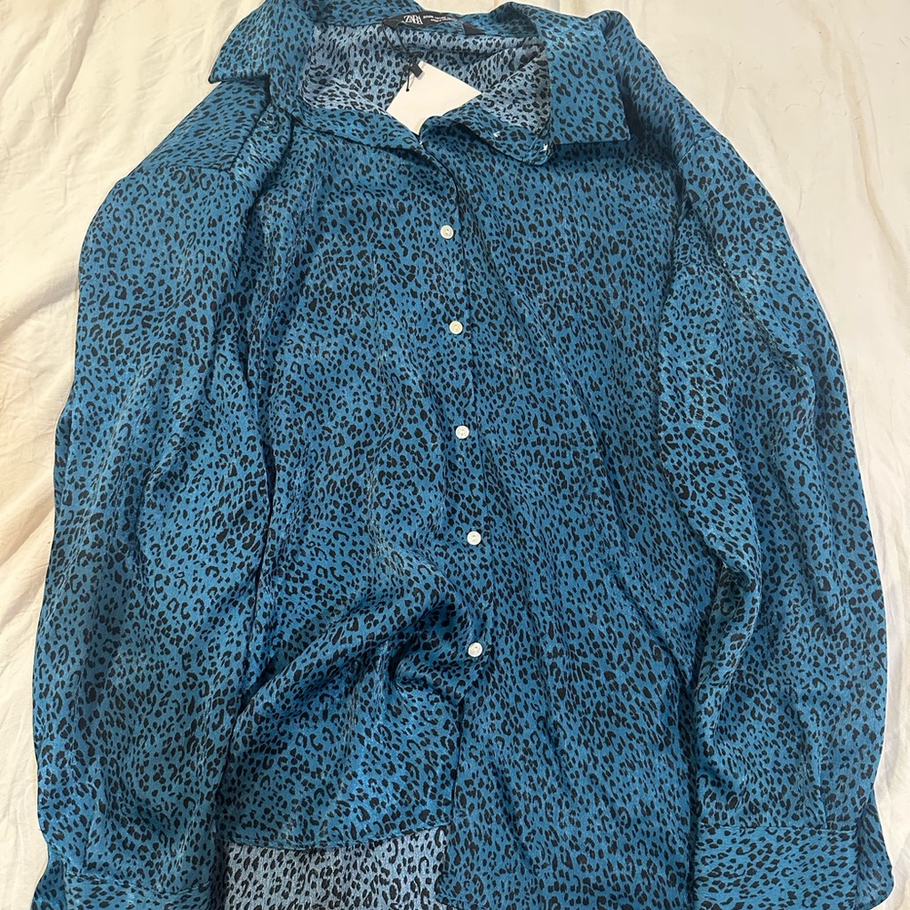 Zara Teal Leopard Print blouse